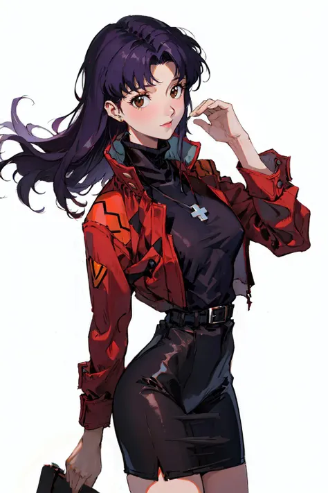 (best quality:1.4,masterpiece:1.4,ultra detailed,hires),
katsuragi misato,mature woman,brown eyes,medium breasts,
long hair,purple hair,parted bangs,
black turtleneck:1.2,red cropped jacket,open jacket,
cross necklace,earrings,emblem,belt,
black pencil ski...