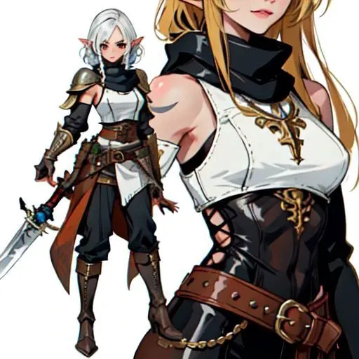 a woman in a white shirt and black pants holding a sword