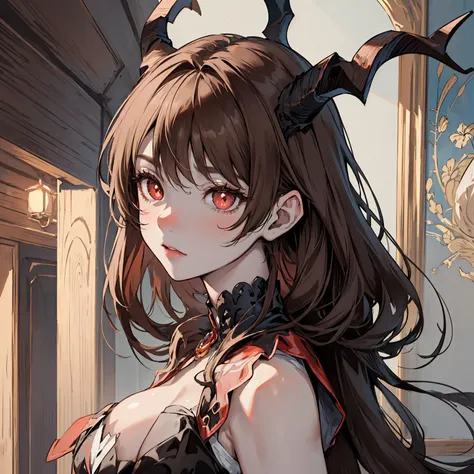 (Incredible top quality), (exquisitely detailed masterpiece), (precisely detailed 8k CG wallpaper), (visual novel), (Pixiv anime), a girl with horns on her head, short brown hair with bangs, intense red eyes with dilated pupils, pale white face, background...