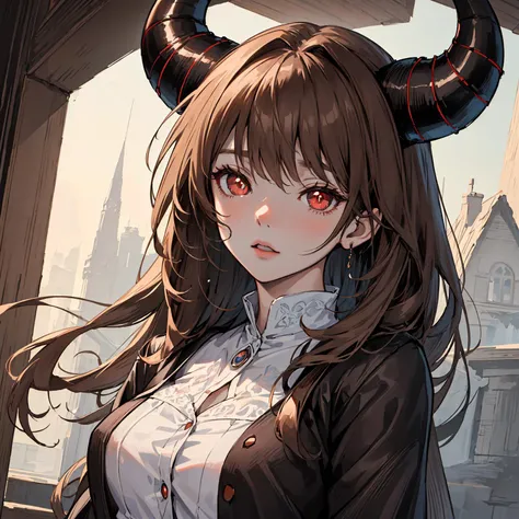 (Incredible top quality), (exquisitely detailed masterpiece), (precisely detailed 8k CG wallpaper), (visual novel), (Pixiv anime), a girl with horns on her head, short brown hair with bangs, intense red eyes with dilated pupils, pale white face, background...