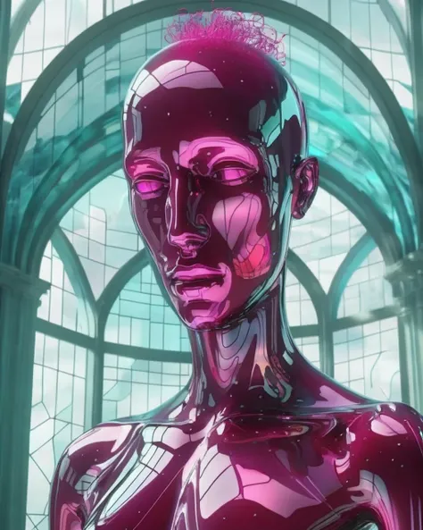 a amaranth digital human made of Glass inspired by 3d art,  Beeple, cinema 4 d, cyberpunk art, net art , in a mural of a church with a large dome<lora:digital_human:1.0>