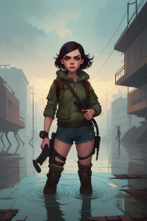 art by daniela uhlig, art by bob byerson, masterpiece, best quality, 1girl, in a flooded ruined city, survival gear, colorful, post apocalyptic