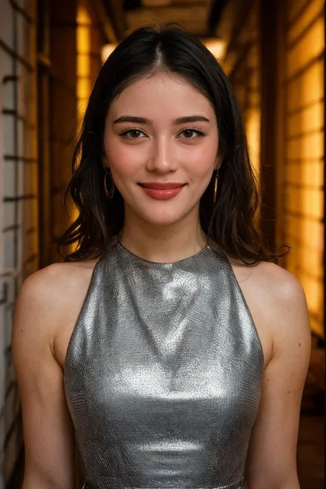 a close up of a woman in a silver dress smiling