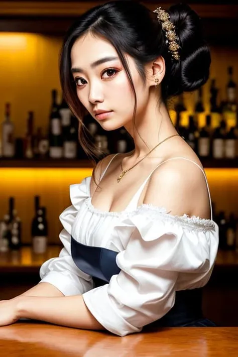 portrait photo of (RuriNobodySD15:1.0) beautiful woman hair updo upsweep nightclub sitting at bar (masterpiece) (best quality) (detailed) (8k) (HDR) (wallpaper) (cinematic lighting) (sharp focus) (intricate)