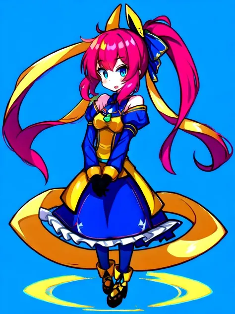 a cartoon girl with long pink hair and a blue dress