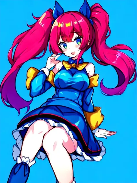 a cartoon image of a woman with long pink hair and a blue dress