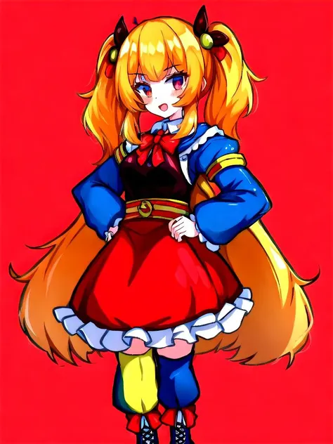 a cartoon girl in a red dress and a blue jacket