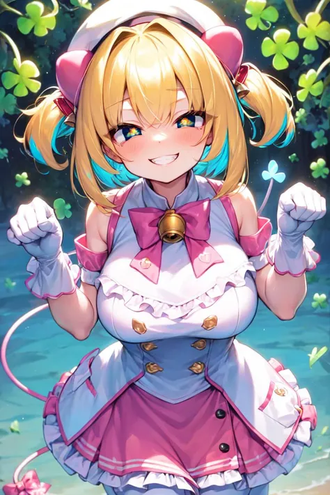 masterpiece, best quality, <lora:Pine-Bombergirl-v1.0-:0.7>, + +, blue eyes, yellow pupils, blonde hair, blue hair, multicolored hair, twintails, (grenade hair ornament), hair intakes, short hair, fuse, fuse tail, bow, bowtie, pink bow, pink bowtie, tail b...