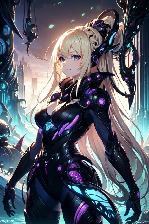 <lora:DonMX3n0:0.8> DonMX3n0, organic, xeno, biology,, absurdres, ultra detailed, masterpiece, best quality, aesthetic, detailed,, solo, soft smile, light smile,
katya1, 1girl, blue eyes, very long hair, blonde hair, long blonde hair, french braid, bangs, ...