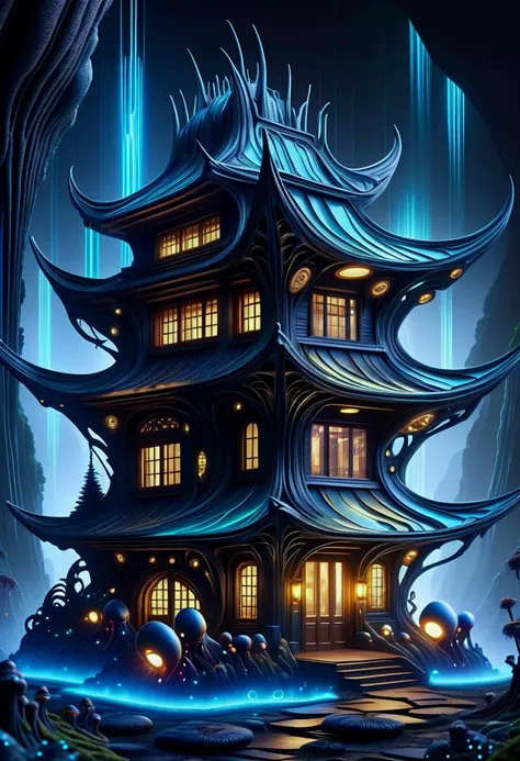 a painting of a pagoda with a lot of lights on it