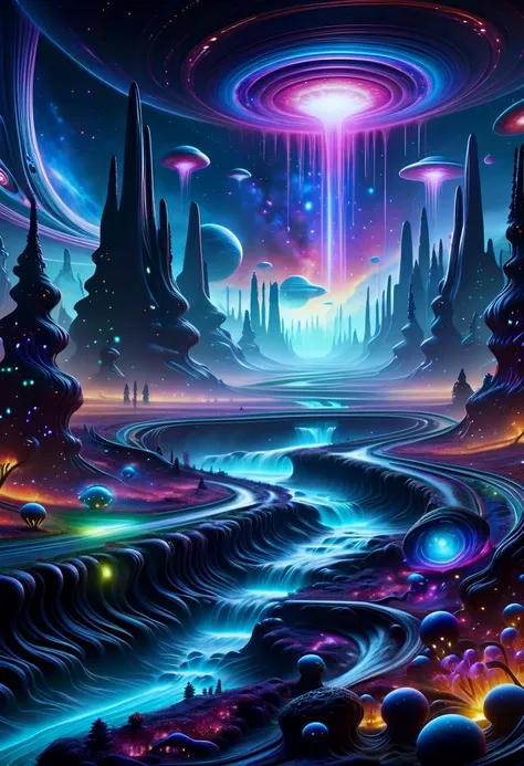 a painting of a futuristic landscape with a river and planets