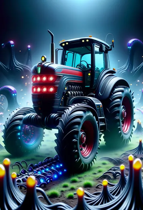 a close up of a tractor with a giant octopus in the background