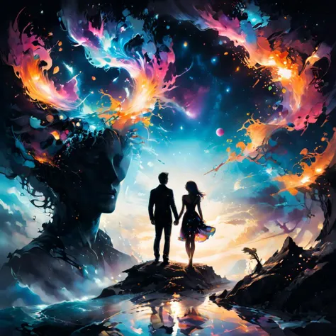 a man and woman standing on a rock looking at a colorful sky