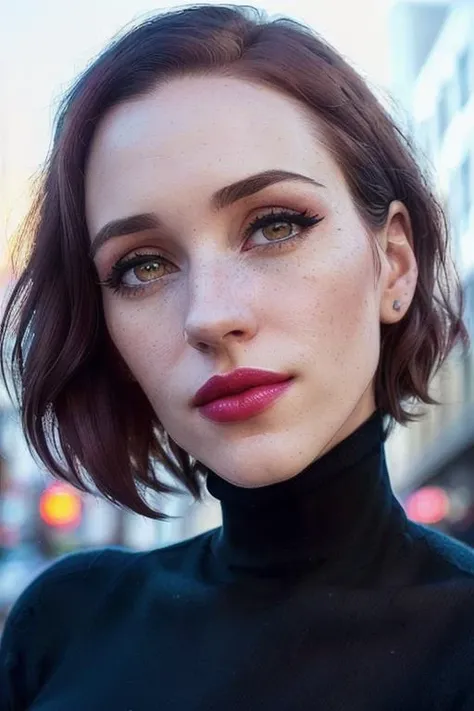 photo of rachelb:0.99, a woman with ((black hair)),((pale skin, short hair)), ((closeup, portrait):1.1), ((turtleneck sweater dress)), ((outdoors, city street, at night):1.2),((detailed face, beautiful face, detailed eyes, beautiful eyes):1.3), ((lipstick,...