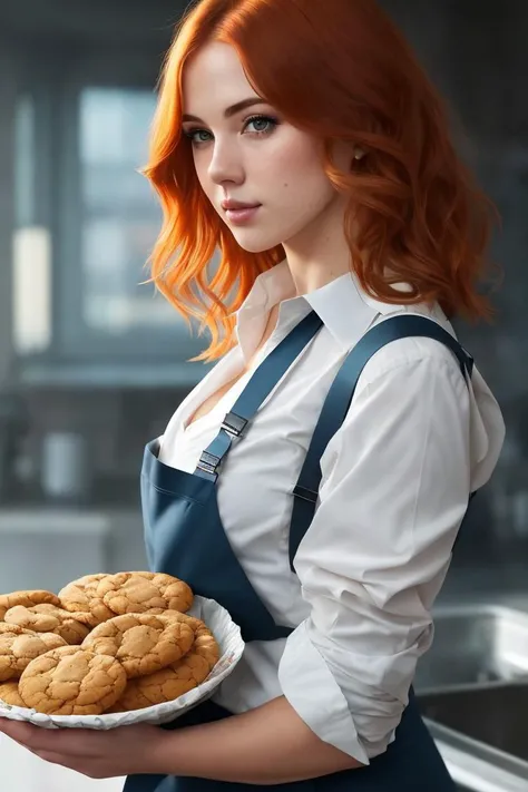 candid photo of (CochwenGoch:0.99) with short straight hair, wearing an apron, holding a tray of cookies in the kitchen, (extremely detailed CG unity 8k wallpaper), photo of the most beautiful artwork in the world, professional majestic oil painting by Ed ...