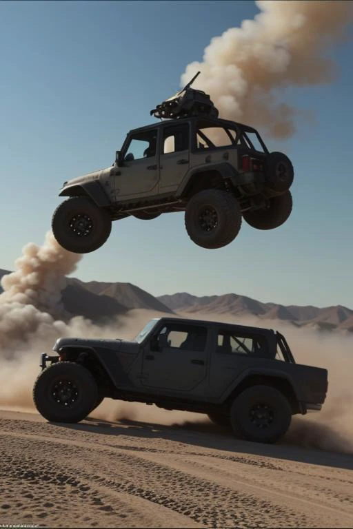 epic action movie scene, explosions, robots, jets, jeeps