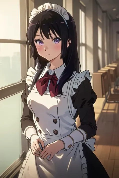 best quality, masterpiece, highres, solo, {maid:1.40}, {long maid dress:1.15}, {kousaka_reina_soundeuphonium:1.15}, black_hair, long_hair, purple_eyes, blush, bangs, closed_mouth, serafuku, blurry