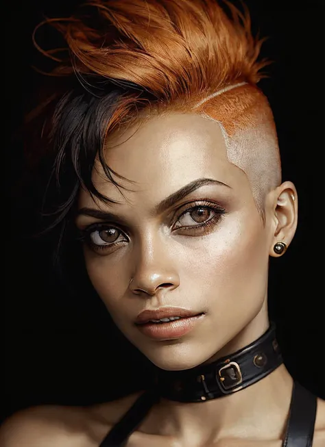 portrait of sks woman by Flora Borsi, style by Flora Borsi, bold, bright colours, orange Mohawk haircut, ((Flora Borsi)), <lora:locon_rosario_v1_from_v1_64_32:1.3>