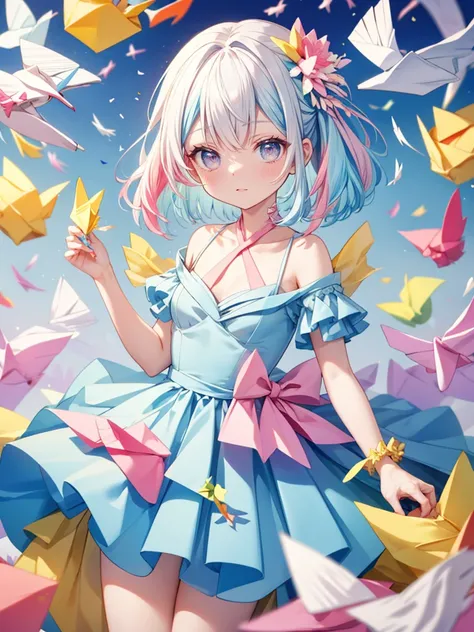 (masterpiece,ultra-detailed,best quality,8K,illustration,shaved:1.2),(petite girl:1.0) <lora:add_detail:1.0>, <lora:Outfit_OrigamiBallGown:0.6> dr3ss, (pastel yellow blue pink), (multicolored dress), (origami),confetti,(Paper cranes:1.2)