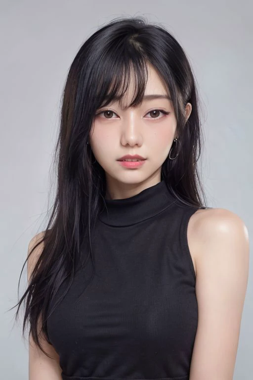 a woman with long black hair wearing a black top