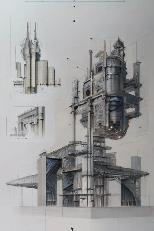 drawing of a building, architecture, cubic, crystal column, rustic yet enormous, steel pipes, turbines, extreme three point perspective, school of design, bottom view, vertical composition, (detailed, highres, best-quality, masterpiece)1.2