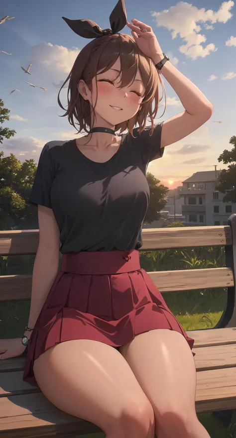 anime girl sitting on a bench with her hair up