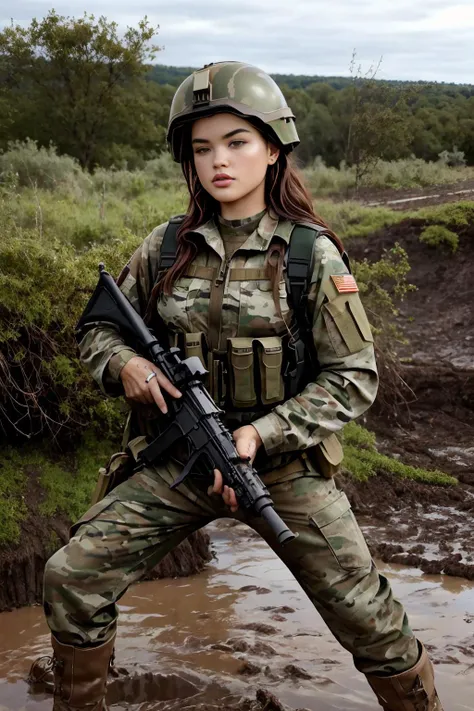 araffe in camouflage holding a rifle in a muddy field