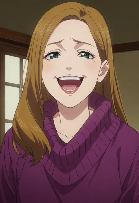 a woman with long blonde hair and a purple sweater smiles