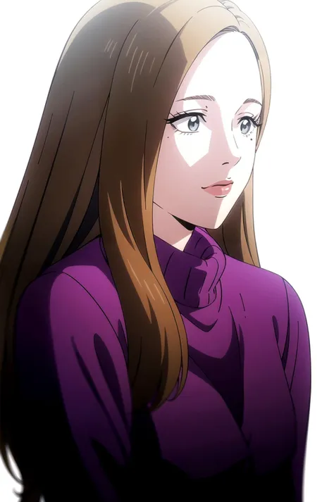 a woman with long brown hair and a purple shirt