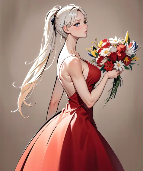 a woman in a red dress holding a bouquet of flowers