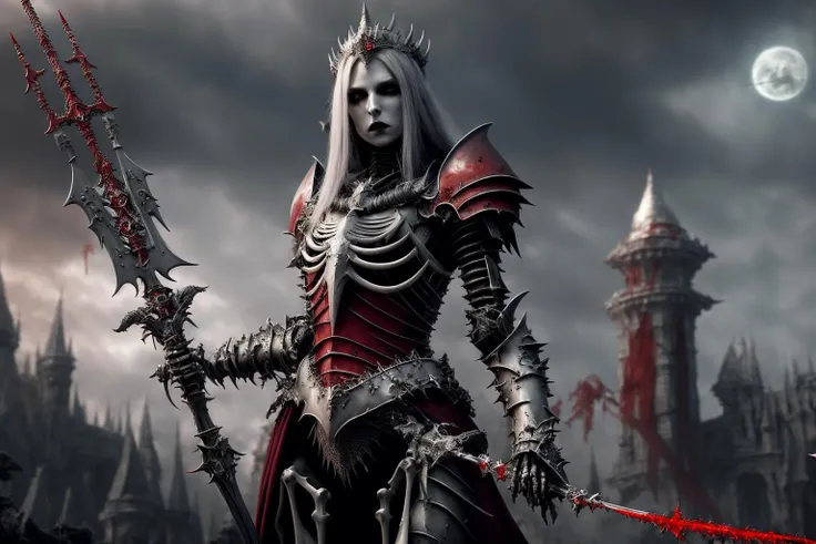 (masterpiece, high quality, absurdres), full body female, (undead queen:1.1), pale skin, spear, (blood on weapon:1.2), (crimson red and grey intricate  skeletal armor:1.3), exposed rib cage , long white hair, (fantasy background:1.3), epic atmosphere, amaz...