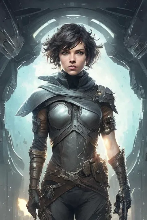 sci-fi, space rogue thief girl, (smirk:1.1), short hair, black hood, light armor, big grey eyes, beautiful detailed eyes, drawn by Greg Rutkowski, Yoji Shinkawa:0.6