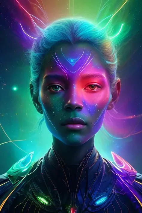 an extraterrestrial species whose defining characteristic: bioluminescent skin. Her body and skin shimmers with colors that defy human understanding, a living, breathing canvas of cosmic art., Broken Glass effect, no background, stunning, something that ev...