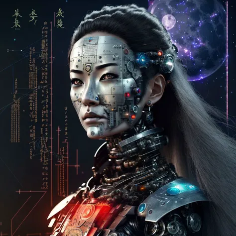 a ((cyborg)) samurai woman. dripping with glitched pixels and equations. ((circuits)) engraved in skin. wavy hair. ((mathematics)). ADDCOMM
(ghostly grey). eerie moonlight. moon. occult symbology. astral projections.