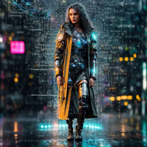 full body portrait of a ((cyborg)) priestess in the rain. sundress. dripping with glitched pixels and equations. raindrops. ((circuits)) engraved in skin. wires. ((clear)) raincoat. wet long wavy hair. glitching. bokeh. (technical specification). blueprint...