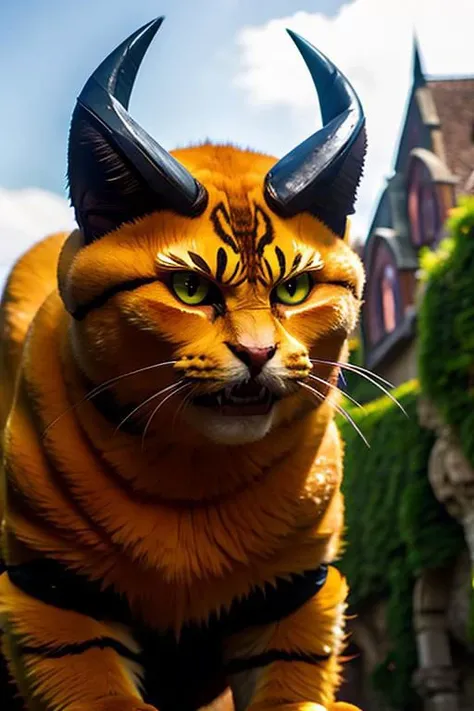 giant cat monster:yellow eyes,horns in a castle