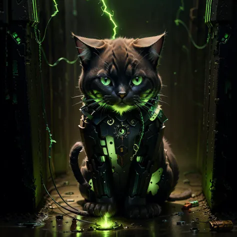 ((masterpiece,best quality)),
<lora:Necron_Architecture:0.7>,
Necron_Architecture, (robotic cat:1.3),
electricity, green glow, green theme,