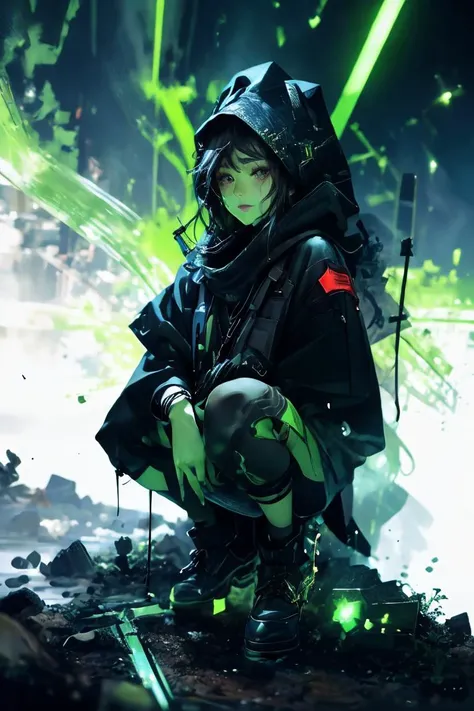 (Realistic:1.3) ((masterpiece,best quality)), <lora:Necron_Architecture:0.85>, Necron_Architecture, electricity, green glow, green theme, a photo of a woman