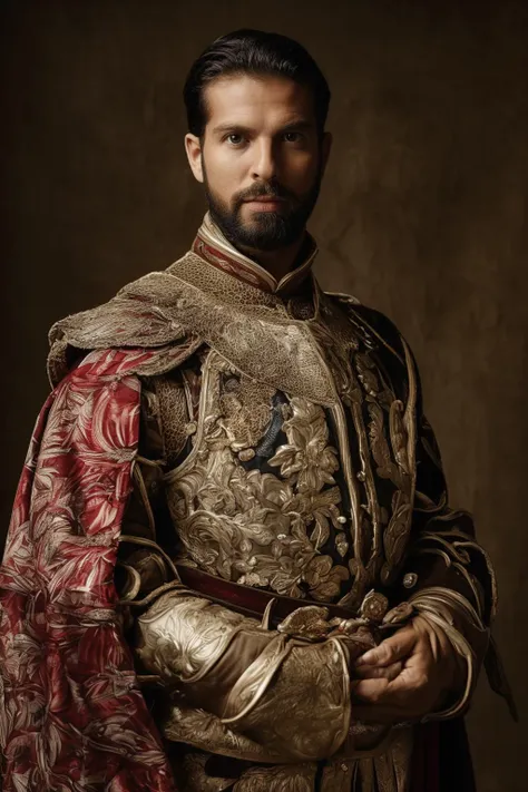 a man in a gold and red outfit with a beard