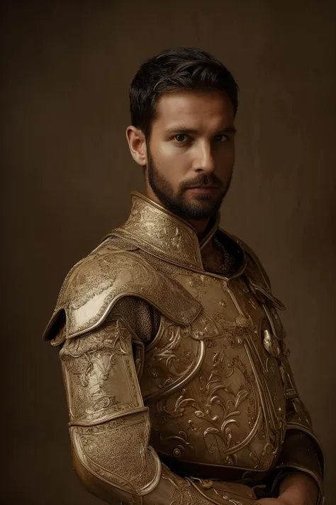 a man in a gold armor poses for a portrait