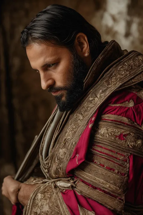 a close up of a man with a beard and a red jacket