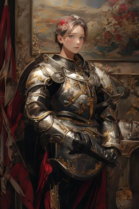 a close up of a person in armor with a flag