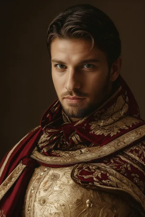 a close up of a man in a gold and red outfit