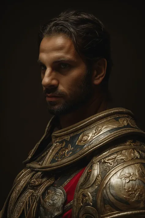 a man in armor poses for a portrait in a dark room