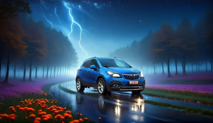 a blue car driving down a road with a lightning bolt in the background