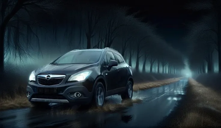 night, picture (amethyst with pearls) of a bewitching perspective of the Opel_Mokka_2012 car in a field of flowers, (rushes through the night: 1.2), a beautiful starry sky with blue backlight, strong lightning, (a direct beam of headlights pierces the thic...