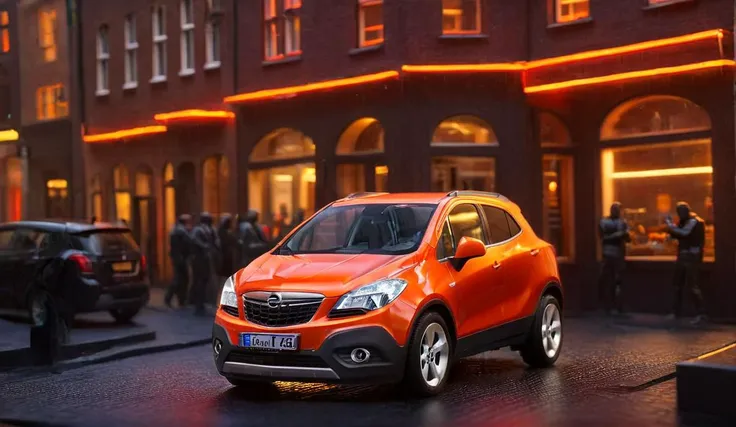 a close up of a small orange car parked on a city street