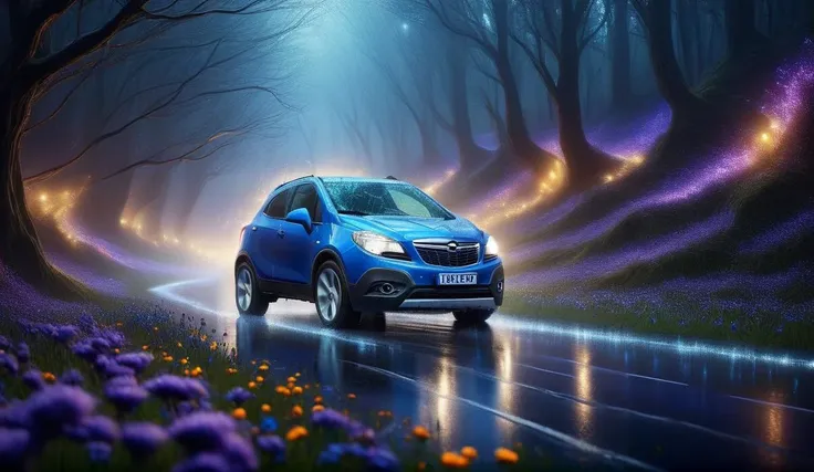 a blue car driving down a road in the middle of a forest