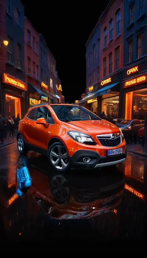 a close up of a car parked on a wet street