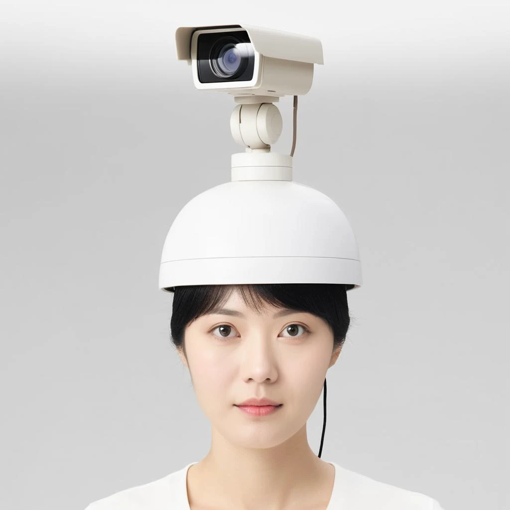 a woman with a white hat on her head with a camera on top of her head